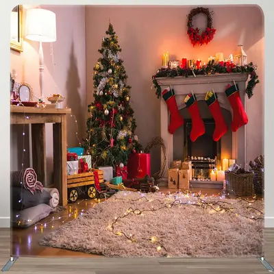 Xmas Tree Light Fireplace Tension Fabric Backdrop - Aperturee