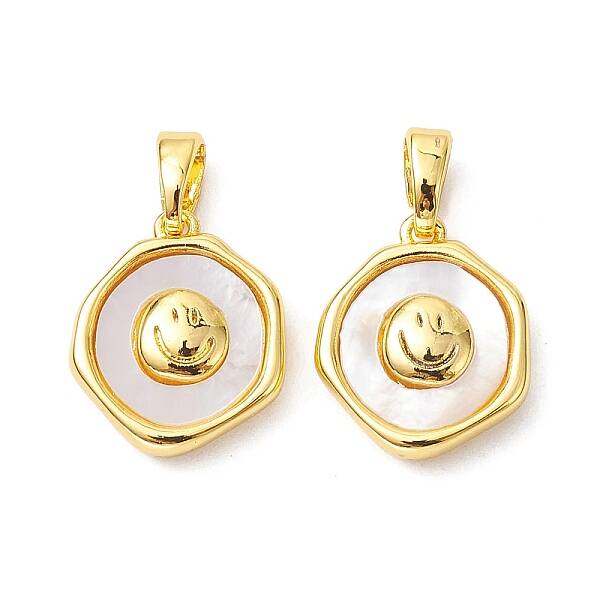 Rack Plating Brass Pave Shell Flat Round Charms with Smiling Face