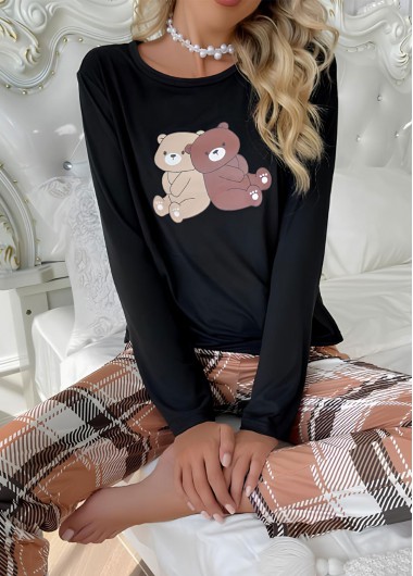 Modlily Light Coffee Plaid Long Sleeve Lounge Top and Pants - S