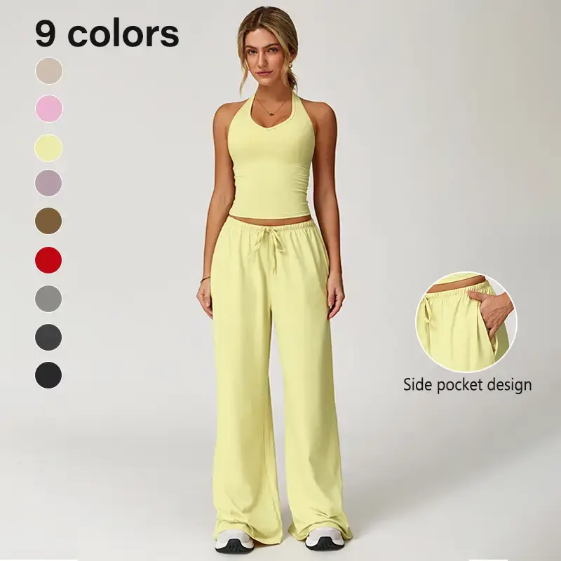 NVWA-Womens Two Piece Summer Casual V Neck Top Wide Leg Pants Womens Holiday Travel Wear Comfortable Summer Casual Clothing S...