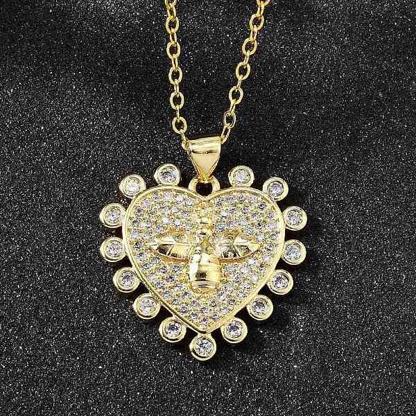 Brass Micro Pave Clear Cubic Zirconia Bee Heart Pendant Necklaces for Women