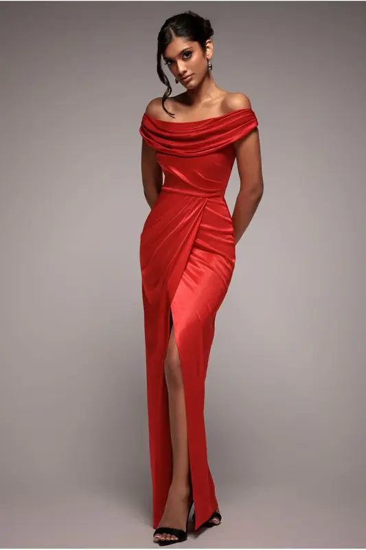 Goddiva Cowl Bardot Satin Twill Maxi Dress - Red