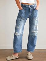 Women's Ripped Pocket Straight Leg Jeans, Vintage Fashion Casual Fitted Denim Pants for Daily Outdoor Wear, Ladies Bottoms fo...