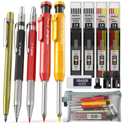 Nicpro 5 Pack Mechanical Carpenter Pencil Set with Sharpener, 76 Refills(Black, Red, Yellow) & Carbide Scribe Tool, Deep Hole...