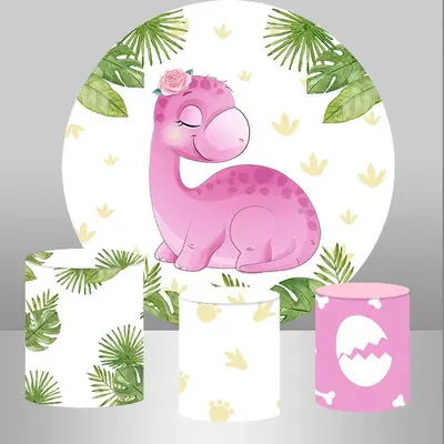Aperturee Circle Pink Dinosaur And Leaves Baby Shower Backdrop | Round Party Backdrop | Round Backdrop Stand Covers | Round B...