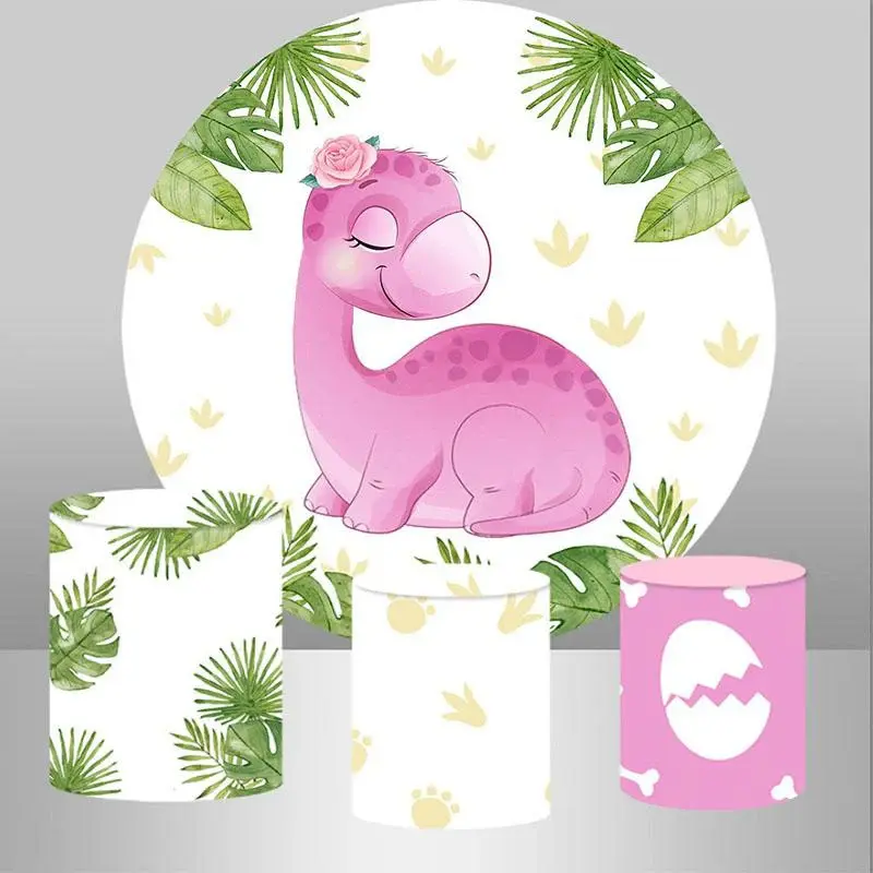 Aperturee Circle Pink Dinosaur And Leaves Baby Shower Backdrop | Round Party Backdrop | Round Backdrop Stand Covers | Round B...