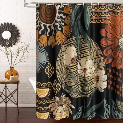 Tropical Plant Pattern Shower Curtain Decoration, Waterproof Flower Pattern Shower Partition Curtain, Bathroom Decor Curtain,...