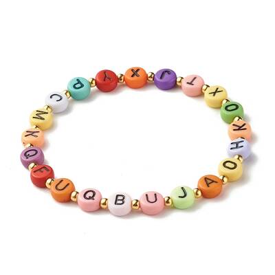 Flat Round with Letter Beaded Stretch Bracelet for Women