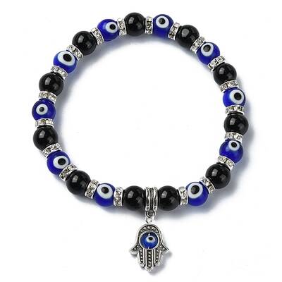 Natural Black Onyx & Rhinestone & Evil Eye Beaded Stretch Bracelets