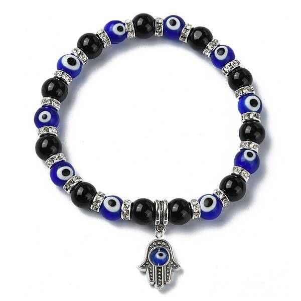 Natural Black Onyx & Rhinestone & Evil Eye Beaded Stretch Bracelets