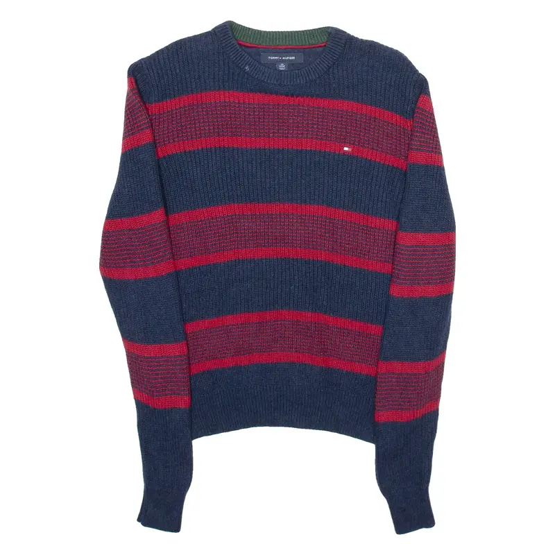 TOMMY HILFIGER Mens Patterned Jumper Red Striped Chunky Knit XS