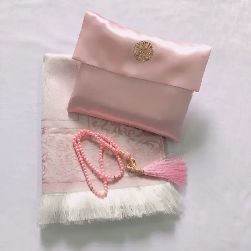 Praying Mat with Travel Bag & Prayer Beads, Includes Flimsy Design, Features Gold Pouch & Pink Feather Detail