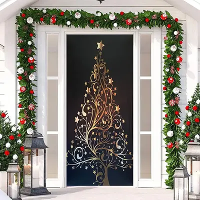 Gold Xmas Tree Black Simple Christmas Door Cover - Aperturee