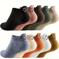 10pcs Cute Face Ankle Socks for Women - Soft & Comfortable Low-Cut Design, Smiling Face Pattern, Assorted Colors (Black, Pink...