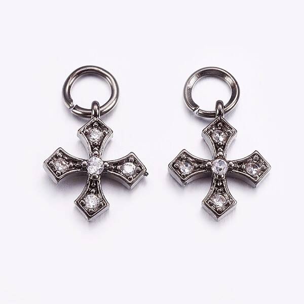 Brass Micro Pave Cubic Zirconia Tiny Cross Charms