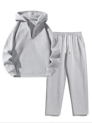 Two-Piece Set Men's Solid Drop Shoulder Zip Up Hoodie & Drawstring Waist Pocket Sweatpants, Casual Fashion Cozy Breathable Ou...