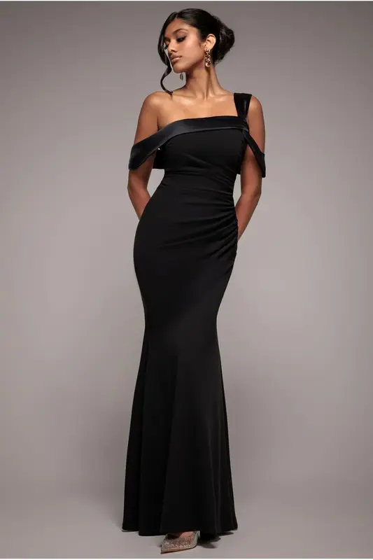 Goddiva One Shoulder Satin Band Maxi Dress - Black