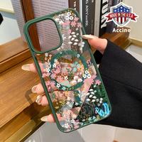 Magnetic Phone Case Compatible with iPhone 16 15 14 Pro Max 13 12 11 XR XS Plus E Whimsical Floral Garden Clear Acrylic Hard ...