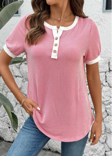 Modlily Pink Short Sleeve Split Neck T Shirt - S