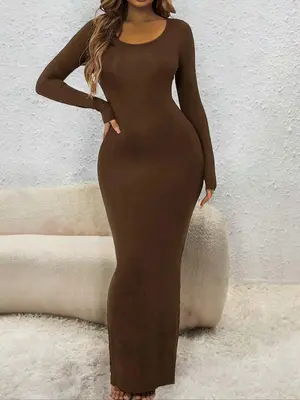 Women's Solid Round Neck Long Sleeve Bodycon Dress, Women's Elegant Long Tight Dresses, Latina Outfit, Plz Purchase One Size ...