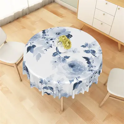 Blue Watercolor Floral Classical Round Tablecloth - Aperturee
