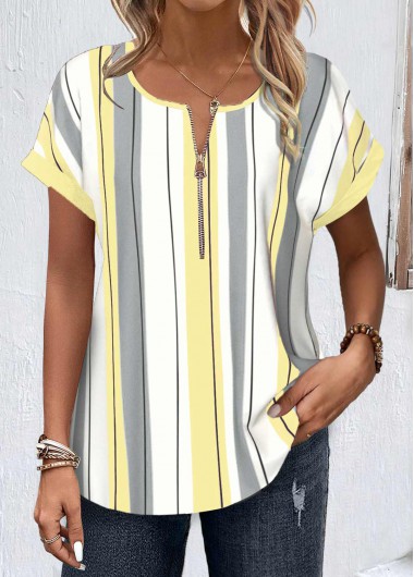 Modlily Light Yellow Zipper Striped Short Sleeve Round Neck Blouse - XXL
