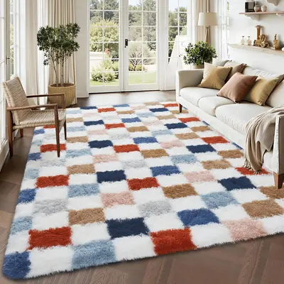 Garvee Plush Fuzzy 10x13 Area Rugs for Living Room, Washable Plush Checkered Rug for Bedroom, Modern Shag Rainbow Rugs Non Sl...