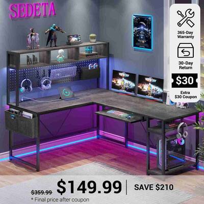 SEDETA | 67 Inch L Shaped Gaming Desk Reversible Computer Desk with LED Lights Power Outlet Pegboard Storage Bag White Home O...