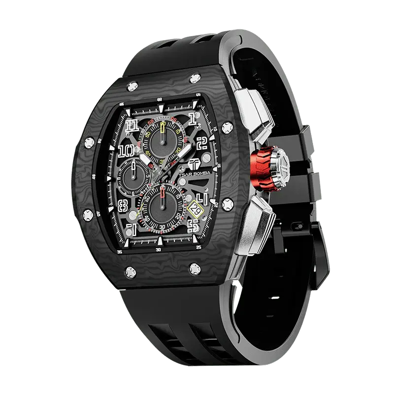TSAR BOMBA Men's Quartz Watch | Black | Atomic TB8214 | Carbon Fiber Bezel | Luxury Sport Watch | 50M Waterproof Sapphire Gla...
