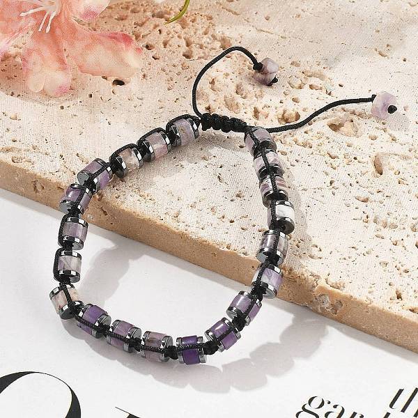 Adjustable Natural Amethyst and Non-magnetic Synthetic Hematite Braided Bead Bracelets