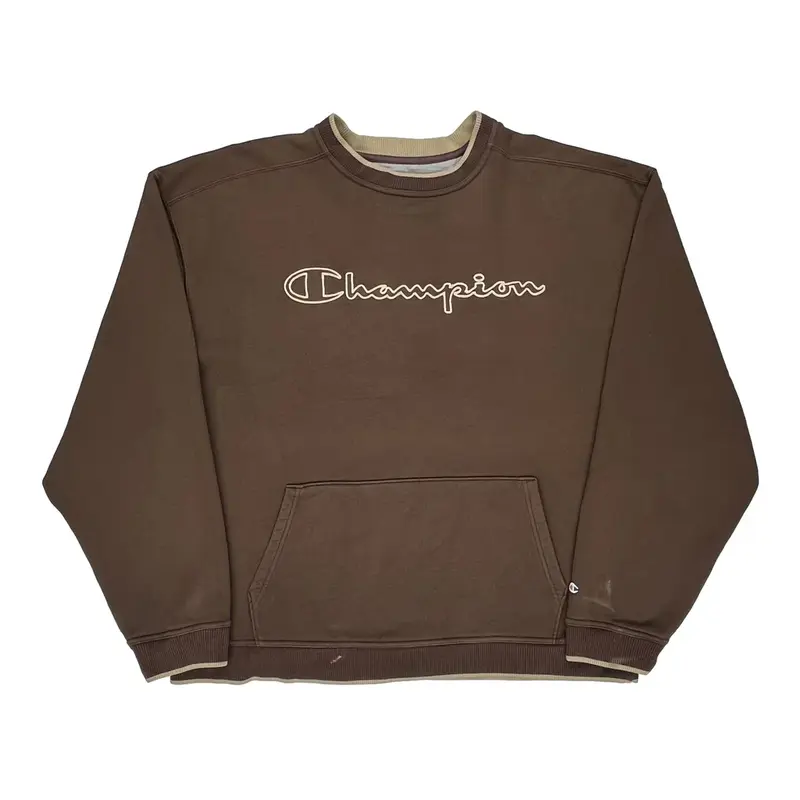 Champion Spellout Sweatshirt - 2XL Brown Cotton Blend