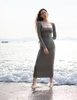 PUMIEY Women's Square Neck Long Sleeve Maxi Dress Ribbed Bodycon Dresses for Women Soft Lounge Dress Casual Womenswear
