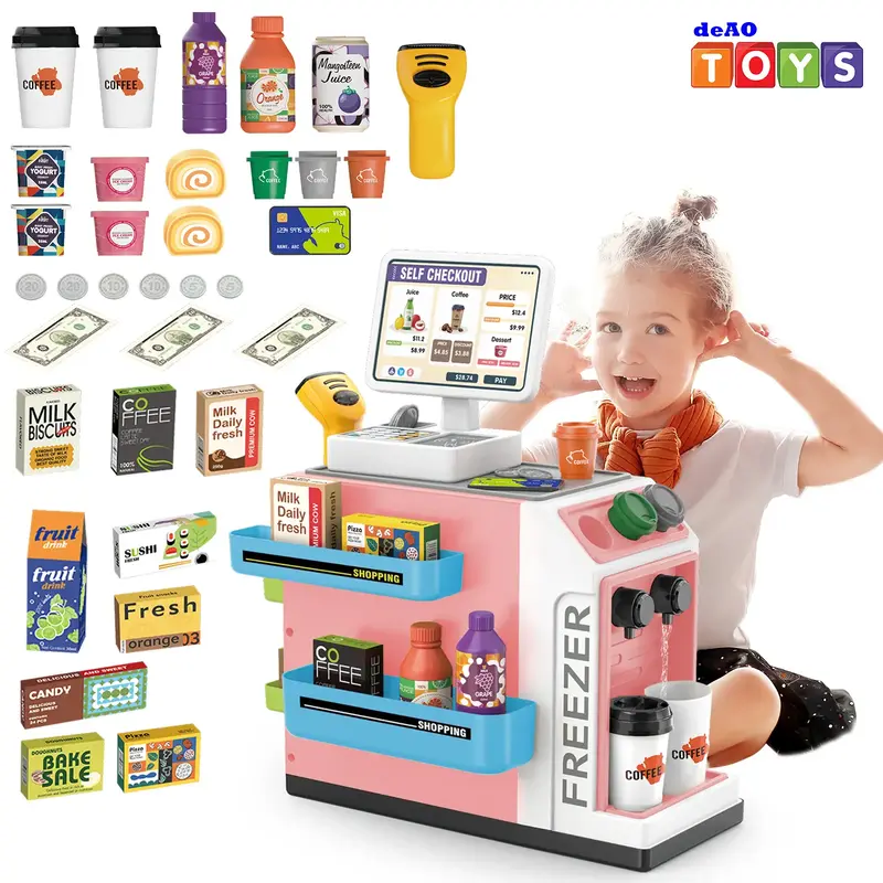 deAO Toy Register Coffee Machine Toys 3 in 1 Play Food Pretend Play Grocery Store Supermarket Playset,Water Outlet Function