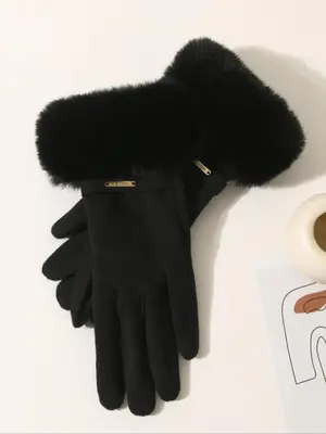 Women's Solid Color Contrast Faux Fur Design Gloves, Cute Warm Gloves for Fall & Winter, Fashion Accessories for Women & Girl...