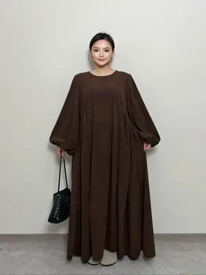Women's Solid Color Corduroy Long Sleeve Dress, Casual Round Neck Long Dress for Fall & Winter, Women's Islamic Clothing for ...