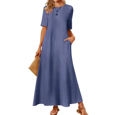 Women's 2025 Spring Summer Casual Maxi Dress Beach Vacation Short Sleeve Crewneck Basic Long T Shirt Dresses