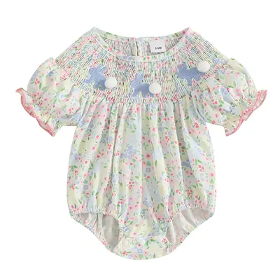 Baby Girl Easter Outfit Infant Bunny Floral Smocked Romper Newborn Rabbit Embroidery Short Sleeve Onesie Spring Summer Bodysu...