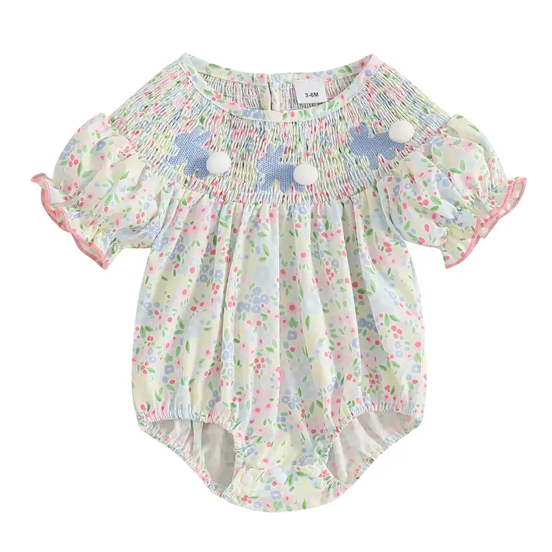 Baby Girl Easter Outfit Infant Bunny Floral Smocked Romper Newborn Rabbit Embroidery Short Sleeve Onesie Spring Summer Bodysu...