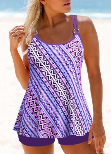 Modlily Metal Ring Geometric Print Purple Tankini Top - S