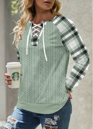 Modlily Sage Green Lace Up Plaid Long Sleeve Sweatshirt - M