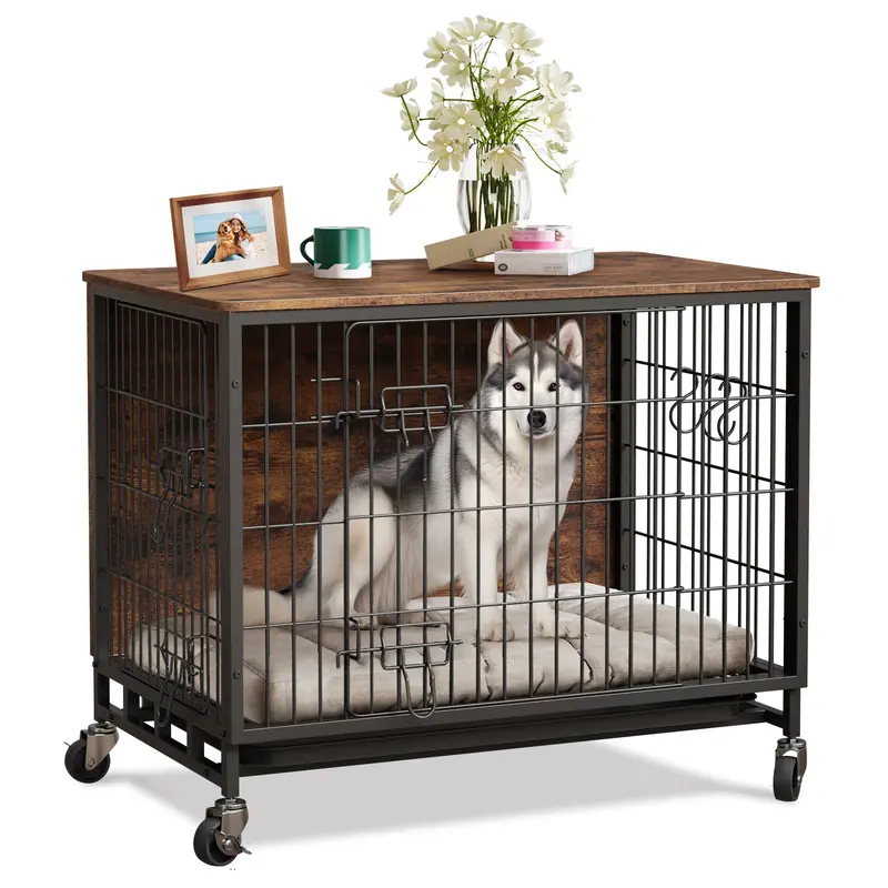 Garvee Dog Crate Furniture, Double Doors Wooden Dog Kennel Cage, 32.5 Indoor Dog Crate with Pull-Out Tray & Removable Wheel...