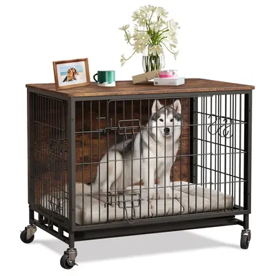 Garvee Dog Crate Furniture, Double Doors Wooden Dog Kennel Cage, 32.5 Indoor Dog Crate with Pull-Out Tray & Removable Wheels...