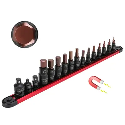Allen-Wrench Hex Bit Socket Set: 16-Piece Hex Socket Set with Magnetic Socket Rail Organizer 1/4, 3/8, 1/2-Inch Drive 5/64-9/...
