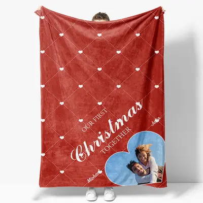 Red Rhombus Christmas Custom Name Photo Blanket - Aperturee