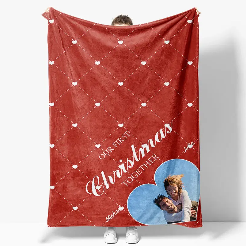 Red Rhombus Christmas Custom Name Photo Blanket - Aperturee