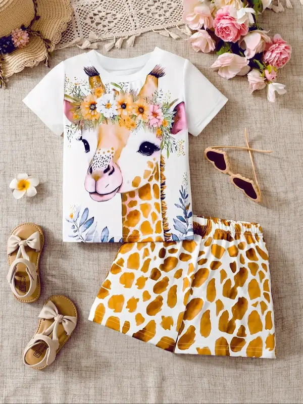 Two-piece Set Girl's Cartoon Giraffe Print Tee & Shorts Set, Casual Round Neck Short Sleeve T-shirt & Shorts for Summer, Kids...