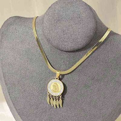 304 Stainless Steel Clear Cubic Zirconia Flat Round Virgin with Feather Pendant Necklaces