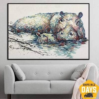 Extra Large Abstract Hippo Painting Animals Fine Art Impasto Paintings On Canvas Oil Painting Modern Art Decor | FIRST STEPS ...