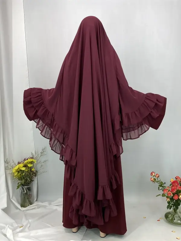 Women's Solid Color Ruffle Trim Chiffon Khimar, Modest Fashion Breathable Comfortable Hijab for Daily Wear, Modest Muslim Clo...