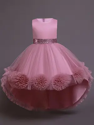 Girl's Contrast Sequin Bow Back Ruffle Trim Tulle Dress, Elegant Appliques Sleeveless High Waist Fit & Flare Dress for Part...